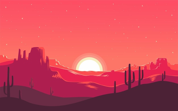 Sunset in the wilderness. Sunrise over the desert. Starry sky over the sand.