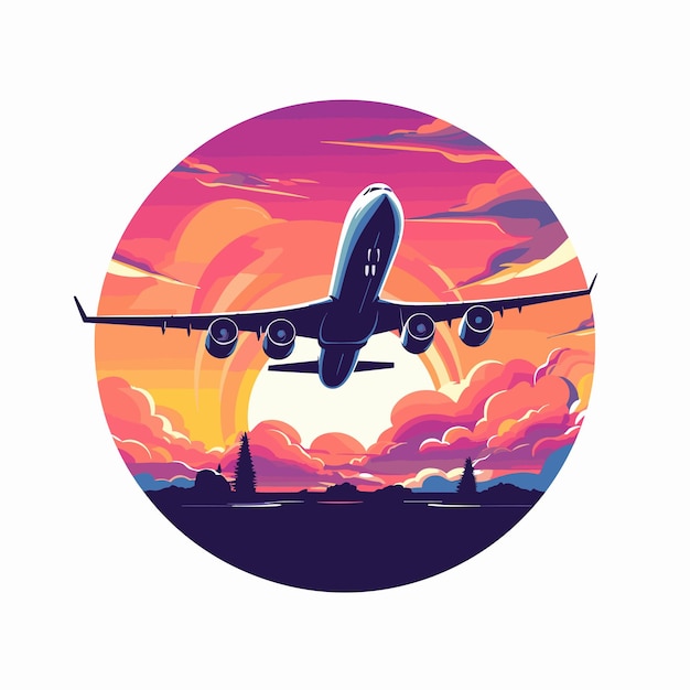 Sunset with an airplane flying through the vibrant clouds Vector illustration