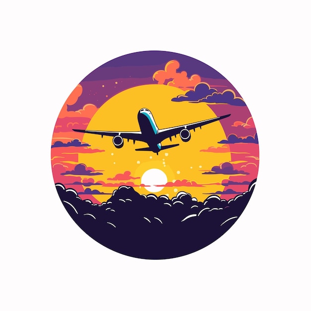 Sunset with an airplane flying through the vibrant clouds Vector illustration