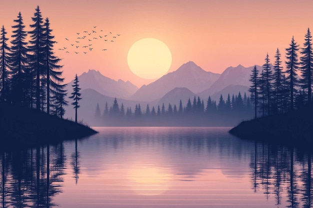 Vector a sunset with birds flying over a lake with mountains in the background