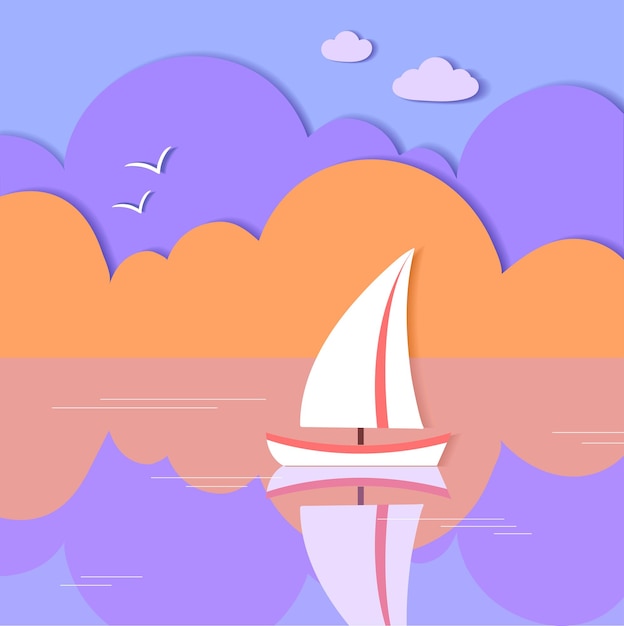 Vector sunset with the boat and flying seagulls paper cut style. summer background