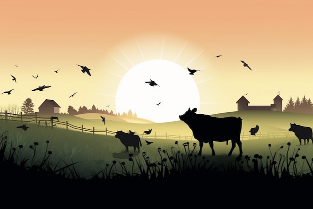 a sunset with cows and a fence and the sun in the background