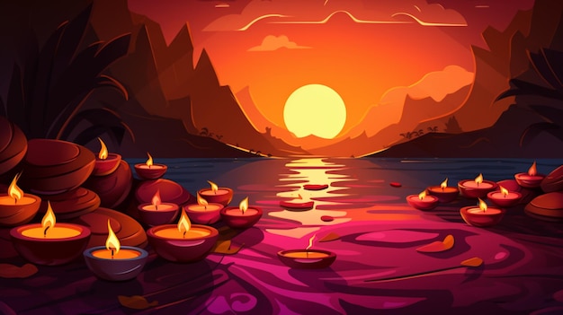 a sunset with floating candles and floating candles