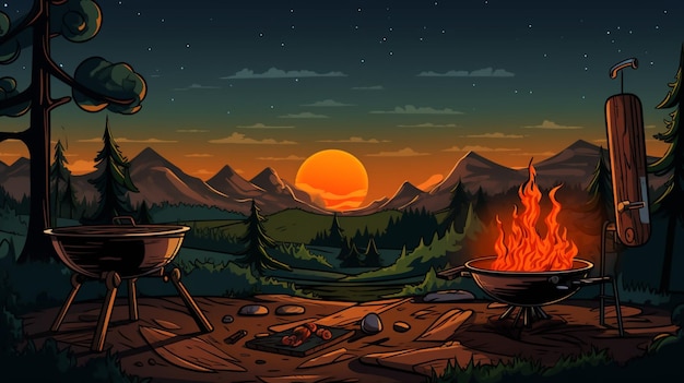 a sunset with a full moon and mountains in the background