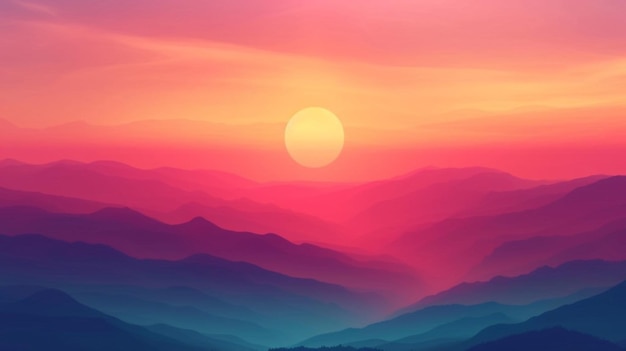 a sunset with mountains in the background