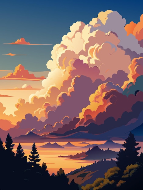 Vector a sunset with mountains and clouds in the background