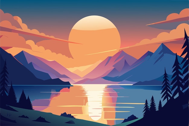 Vector a sunset with mountains and a lake in the background