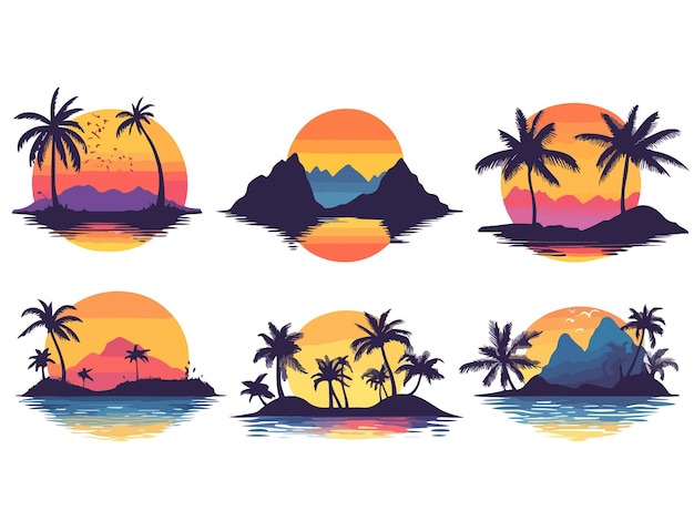 a sunset with palm trees and mountains in the background