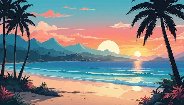 a sunset with palm trees and mountains in the background