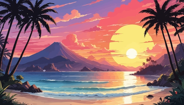 a sunset with palm trees and mountains in the background