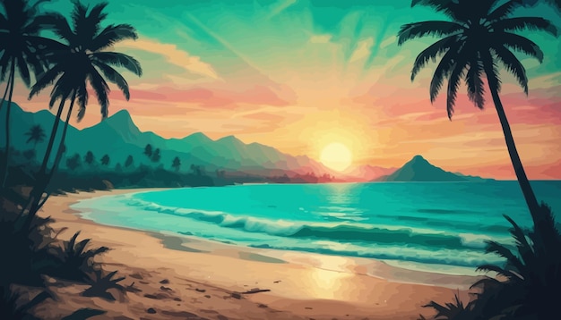 a sunset with palm trees and mountains in the background