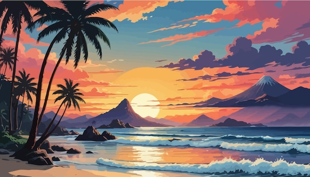 a sunset with palm trees and mountains in the background