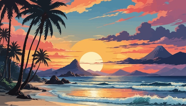 a sunset with palm trees and mountains in the background