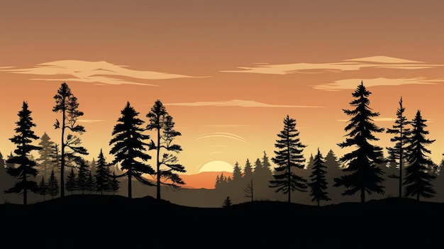 a sunset with pine trees in the background