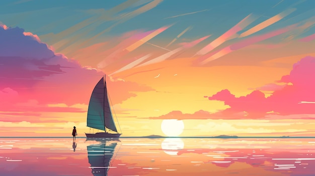 Vector a sunset with a sailboat in the water