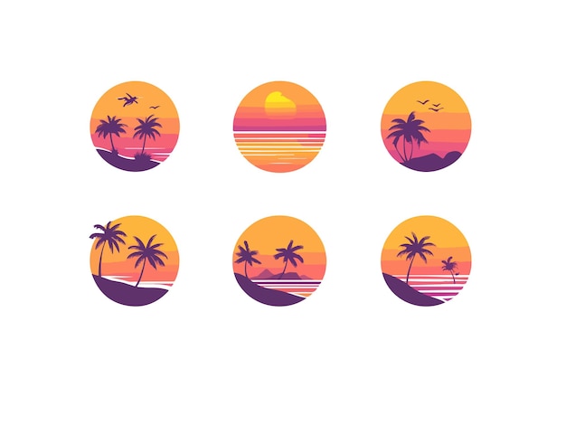 Vector sunsets on the beach with palm trees and sunset