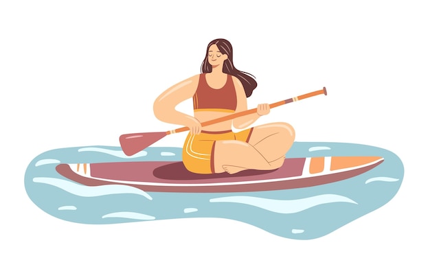 Sup boarding girl Young woman in a swimsuit on paddle board Summer water sport activity