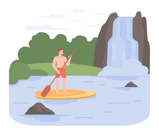 SUP boarding Man stand up on a paddle board Water sport or recreation