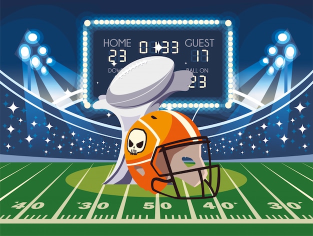 Super bowl helmet and trophy in front of grandstand illustration