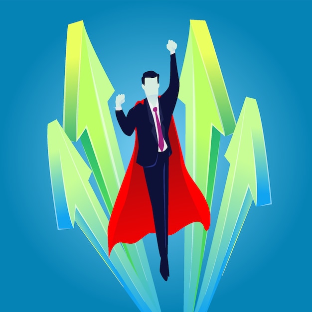 Super businessman flying up, Business growth concept, rise of successful business, up arrows