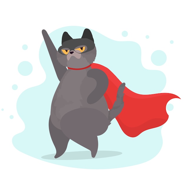 Super cat in a mask and with a red cap. Funny cat superhero with a serious look. Positive sticker.