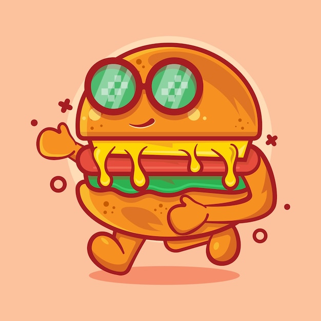 super cool hamburger food character mascot running isolated cartoon in flat style design