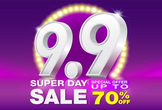 Super day sale poster or banner template design. Big sale event on the stage of the spotlight LED.