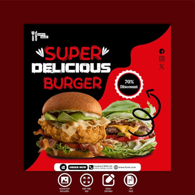 Vector super delicious burger design social media post and banner template