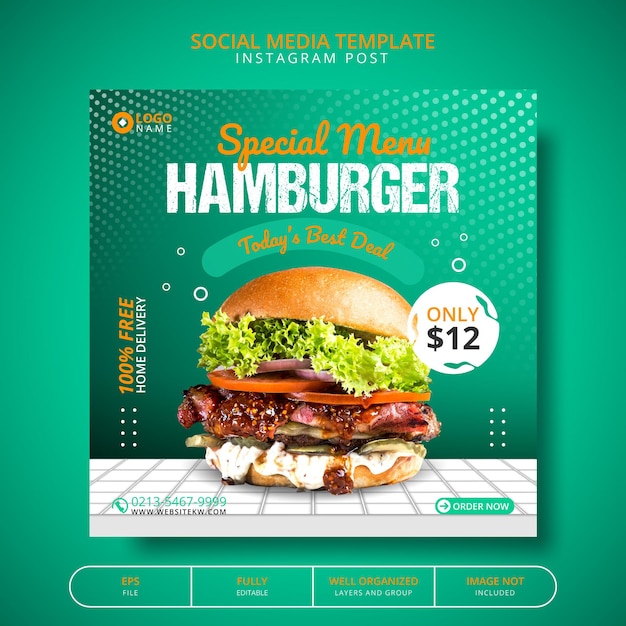 Super Delicious Burger And Food menu For Social media Post Template