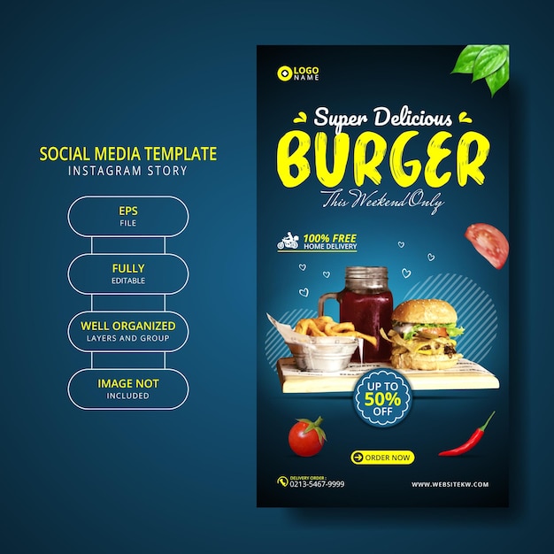 Super Delicious burger And Food Menu Social Media Story Template promotion