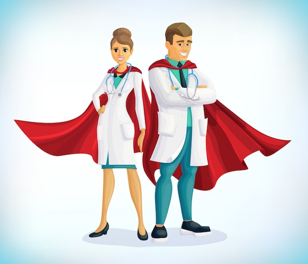 Super doctor cartoon character. Superhero doctor with hero cloaks. Healthcare concept. Medical concept. First aid. Healthcare workers vs covid19