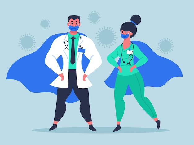 Vector super doctor characters in medical masks and waving cloaks