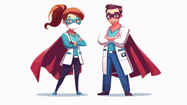 Vector super doctor and nurse in medical masks and cape