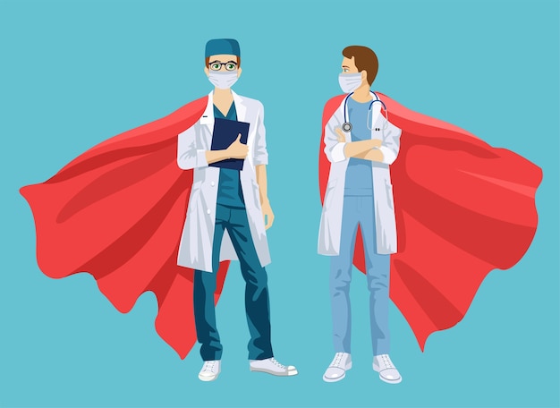 Vector super doctor and nurse wearing medical masks and capes