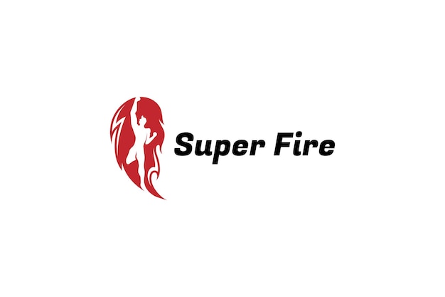 Super fire logo fire with flying superhero silhouette red flat design style