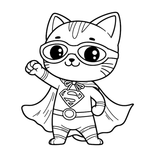 Vector a super hero cat lineart coloring book illustration for kids