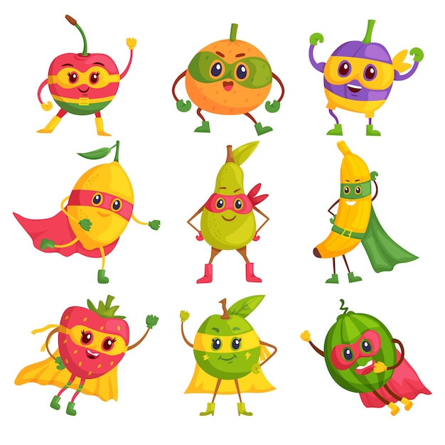 Super hero fruit. Comic cartoon characters in masks and capes set. Brave and funny super hero fruits. Vegan or vegetarian healthy food fun concept