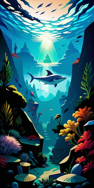 Vector super realistic photo underwater very very very deep ocean vector illustration flat 2