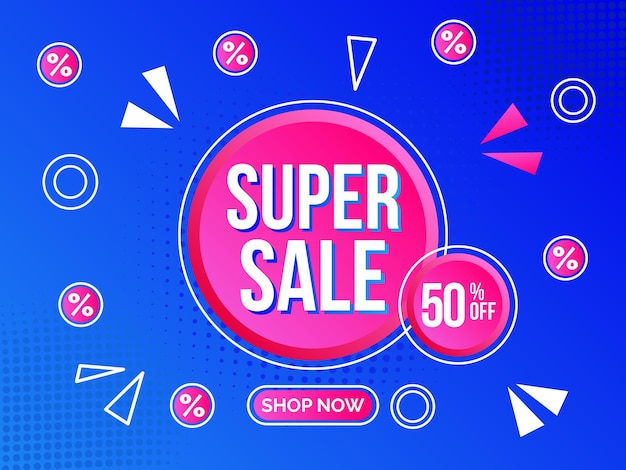 Super sale abstract gradient banner with fifty percent off discount in blue and pink color