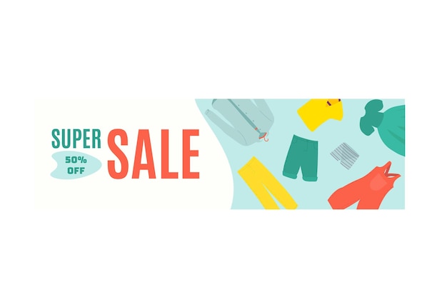 Super sale concept web internet banner big clearance light outerwear clothes flat vector