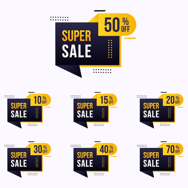 super sale and different percent discount offer banner design, up to 50 off price tag set