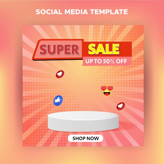 Super sale discount banner with empty podium emoji icon showing social media instagram post template on gradient background