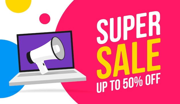 Super Sale message bubble speech  illustration with bullhorn on laptop, promotion or sale sticker horn label, megaphone presentation poster.