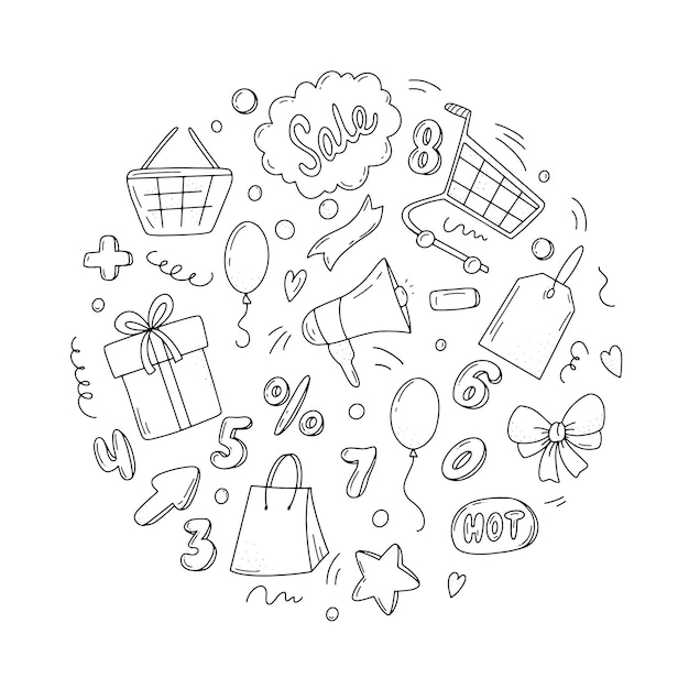 Super sale monochrome set of elements Black Friday doodle icons Hand drawn vector illustration