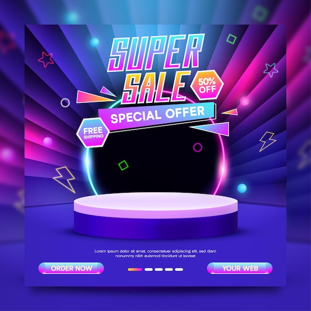 Super sale promo banner neon style template on abstract background