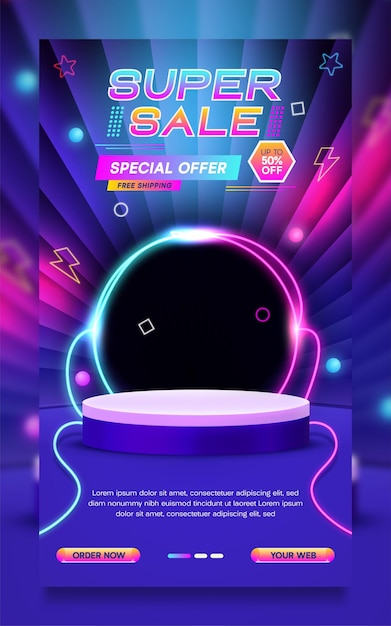 Super sale promo poster or stories neon style template