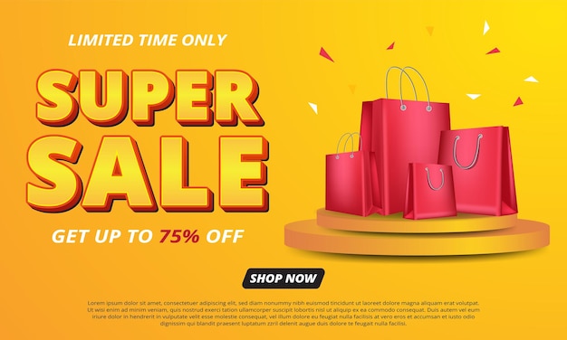 Super sale promotion banner template design with shopping bag and podium