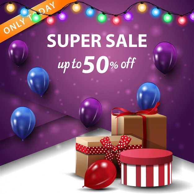 Super sale, up to 50% off, square purple discount banner with gift boxes and balloons