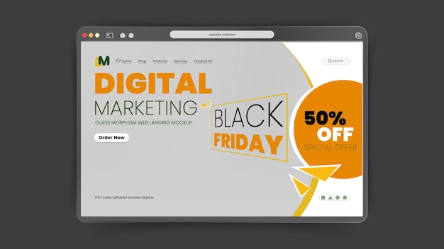 Super sell Black Friday landing page design template in gray color vector Glass morphism style