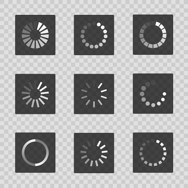 Super set different load icon isolated on transparent background. Circle website buffer loader or preloader. Download or upload status icon.